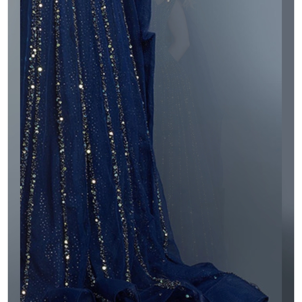 Jovani Blue and Gold Sequin Pleated Gown - Picture 9 of 9